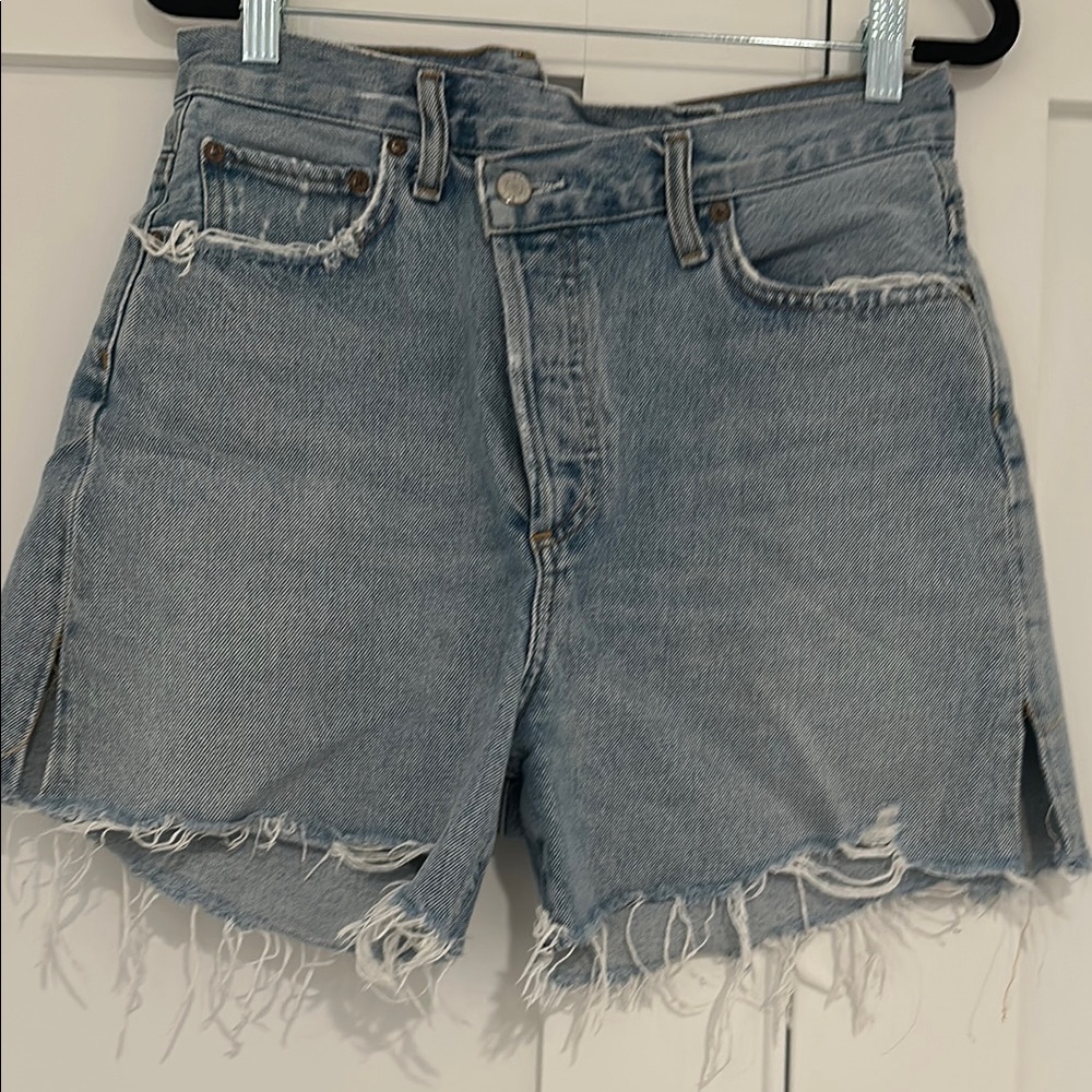 Agolde Light Blue Distressed Criss Cross Waist Jean Shorts